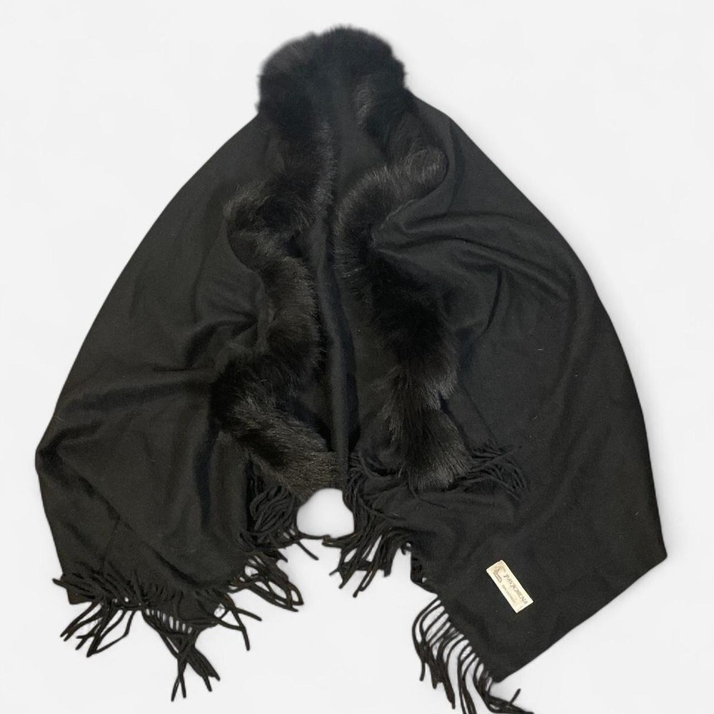 Pashmina Black faux fur trim 100% cashmere large scarf w/ fringe-SEE DESCRIPTION